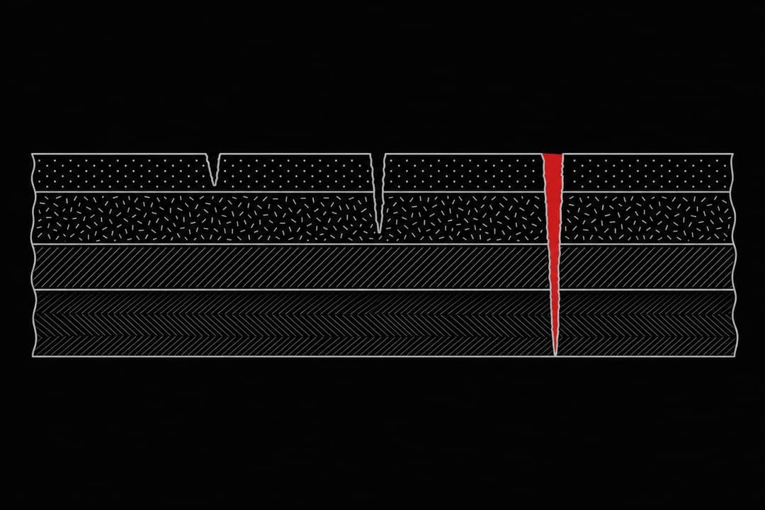 Cross-section diagram of automotive paint layers with three scratches cutting to different depths, the deepest reaching bare metal in red