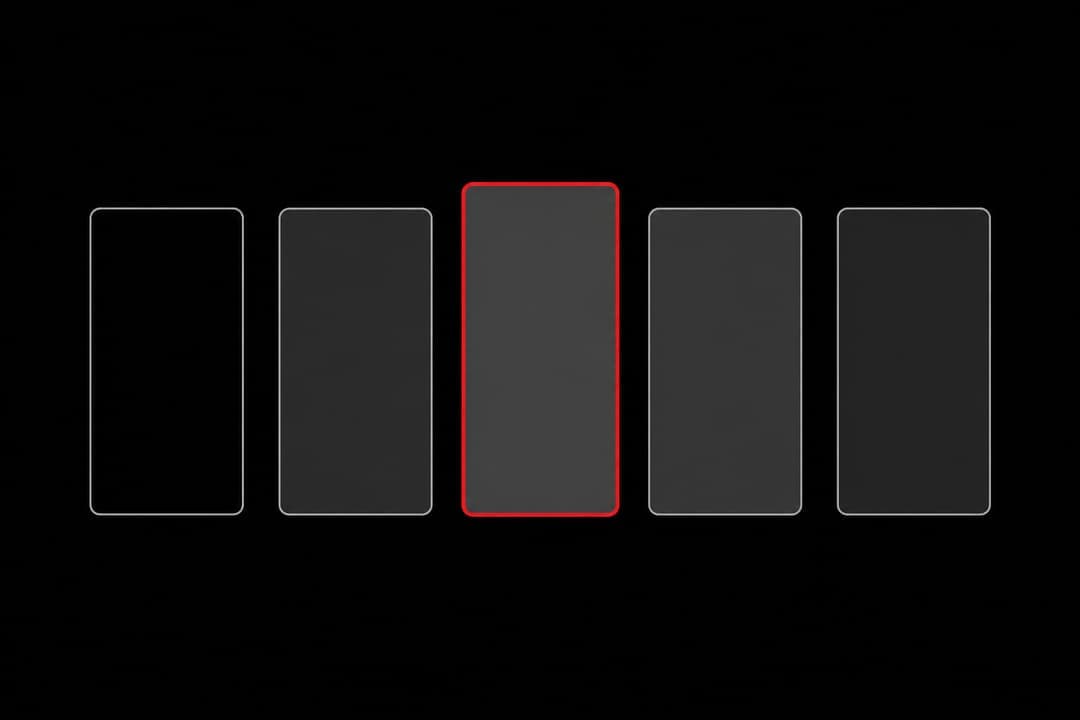 Row of five window film sample swatches at increasing tint densities with the middle one outlined in red