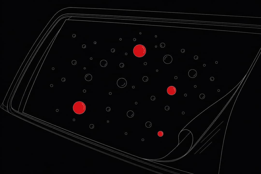 Diagram of a car window with trapped air bubbles under the tint film and one corner of the film lifting